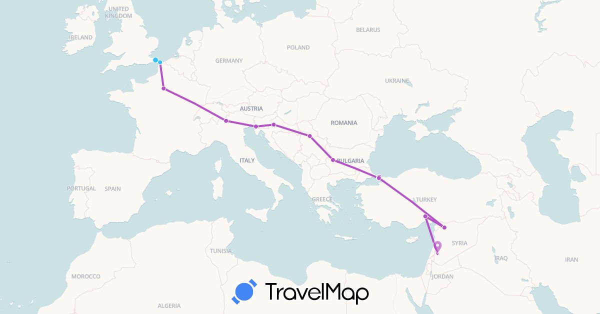 TravelMap itinerary: driving, train, boat in Bulgaria, France, United Kingdom, Croatia, Italy, Serbia, Syria, Turkey (Asia, Europe)